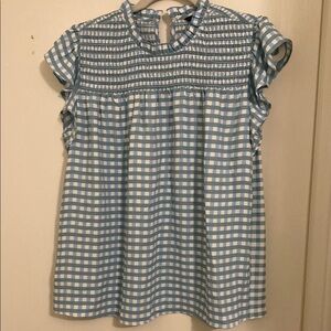Ann Taylor Blue and White Ruffled Blouse with Mandarin Collar